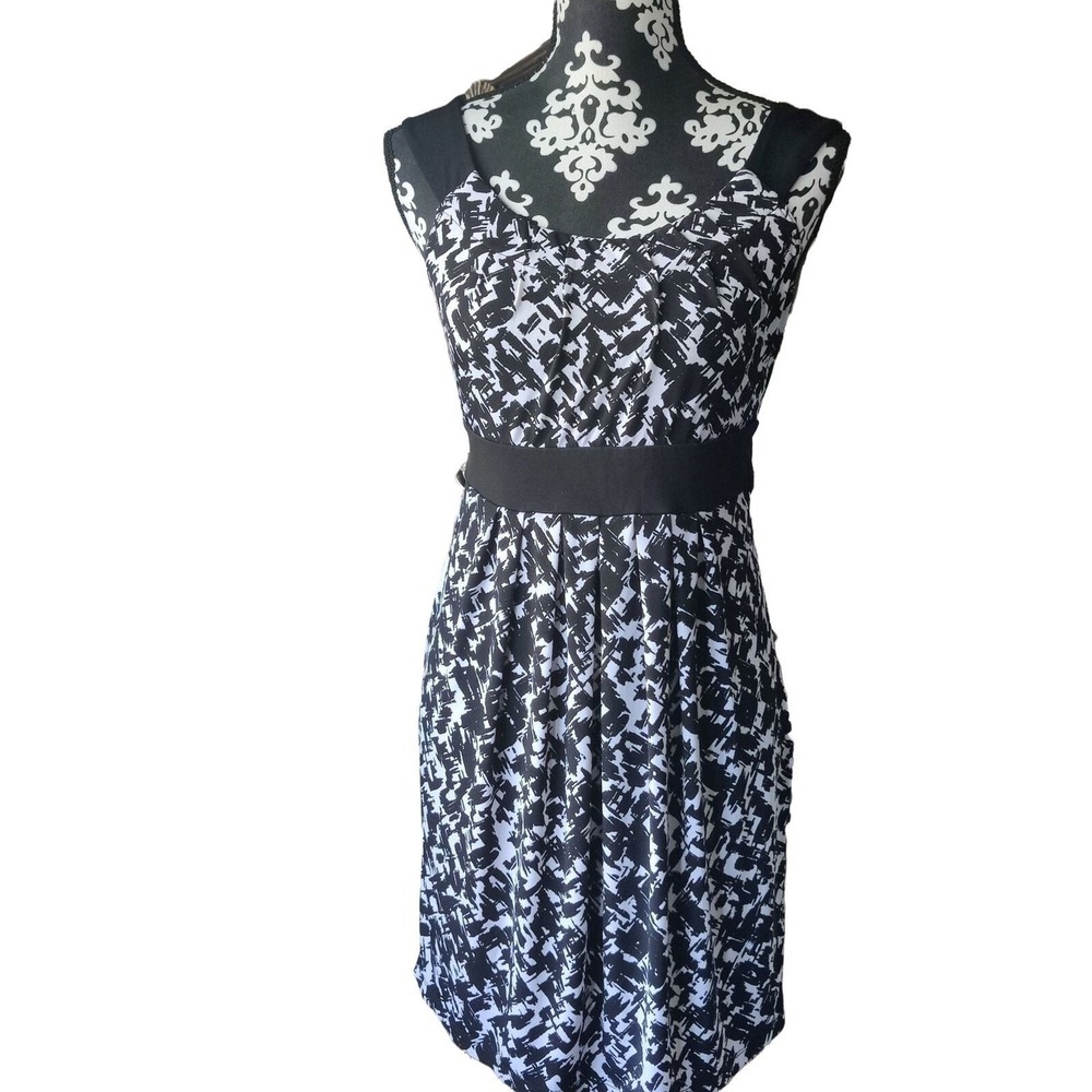 AB Studio Womens Black White Abstract Geometric Empire Waist Tie Back Dress M